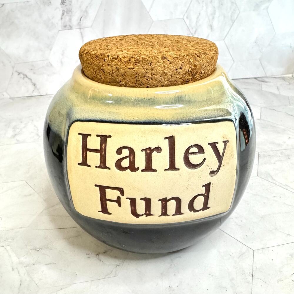 Harley Fund Jar Tumbleweed Pottery Stoneware Bank w/Cork Motorcycle Gift Vintage